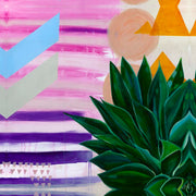 Green agave plant painting against pink gradient stripes and geometric shapes