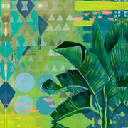 Painting of banana leaves over a colourful geometric pattern background in green, gold and blue