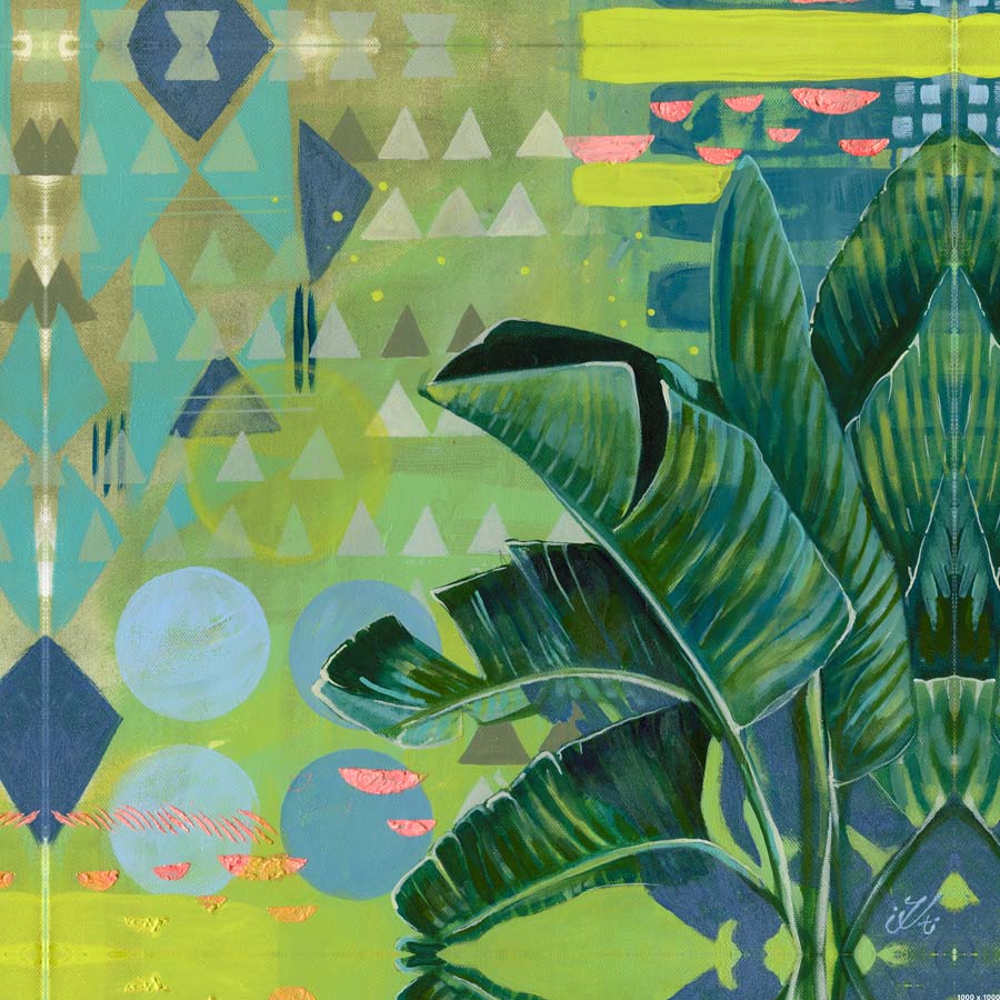 Painting of banana leaves over a colourful geometric pattern background in green, gold and blue
