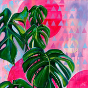 Painting of green monstera leaves against a bright pink background with geometric triangle pattern