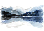 Watercolor painting of dark mountains reflected in a still lake in indigo and grey tones