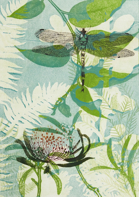 Illustration of a dragonfly and waratah flower among layered teal and green fern leaves