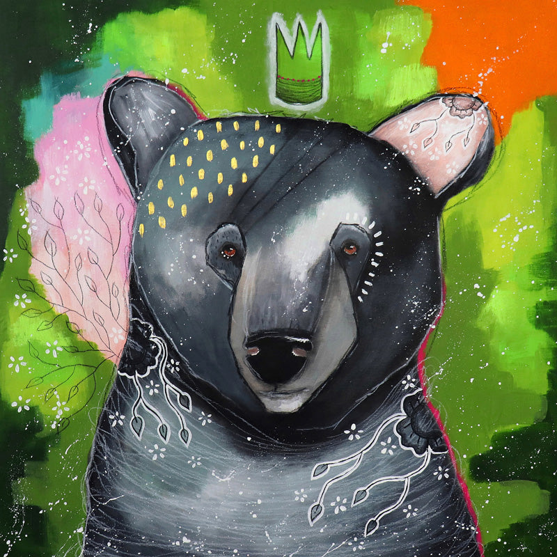Close-up painting of a bear with gold dot detailing, floral linework, and colourful background.