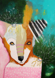 Whimsical stylised animal face artwork in pink, teal and orange with floral linework