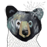 Painted bear head with botanical line art and scale pattern on white background