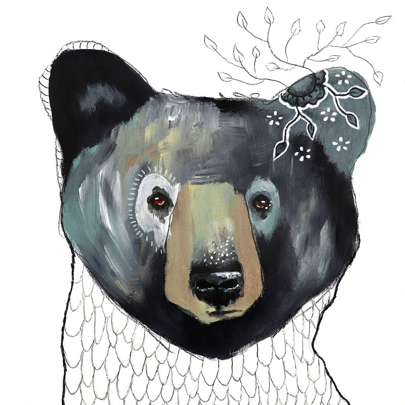 Painted bear head with botanical line art and scale pattern on white background