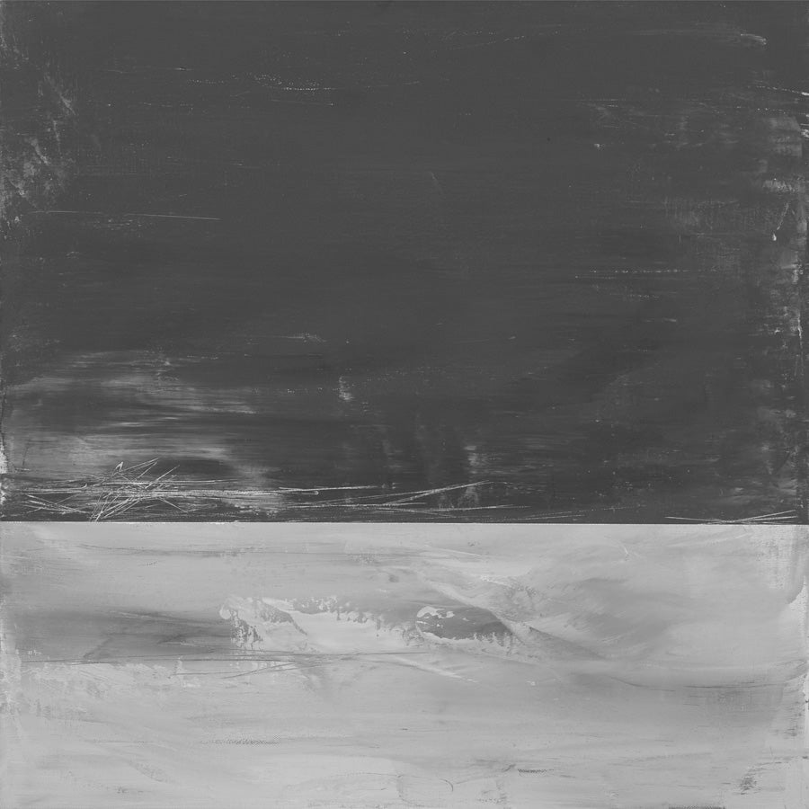 Abstract painting split horizontally between dark charcoal and pale grey with scratched texture