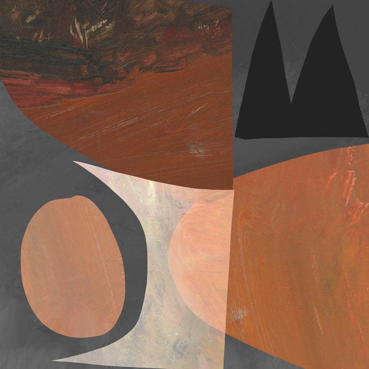 Abstract artwork with geometric shapes in terracotta, black and cream tones on grey