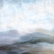 Abstract artwork with soft blue and grey tones forming a hazy, cloud-like horizon
