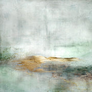 Abstract artwork with a gold horizontal band across a muted sage and grey textured background