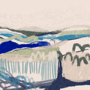 Abstract coastal landscape painting with horizontal bands of blue, green and navy