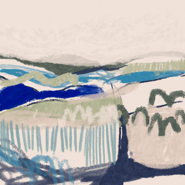 Abstract coastal landscape painting with horizontal bands of blue, green and navy