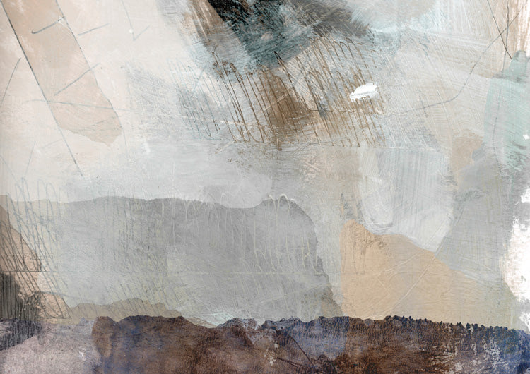 Abstract artwork with layered neutral bands, scratched lines and a dark textured lower border
