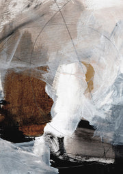 Abstract painting with grey, white and rust brushstrokes and faint geometric line overlay