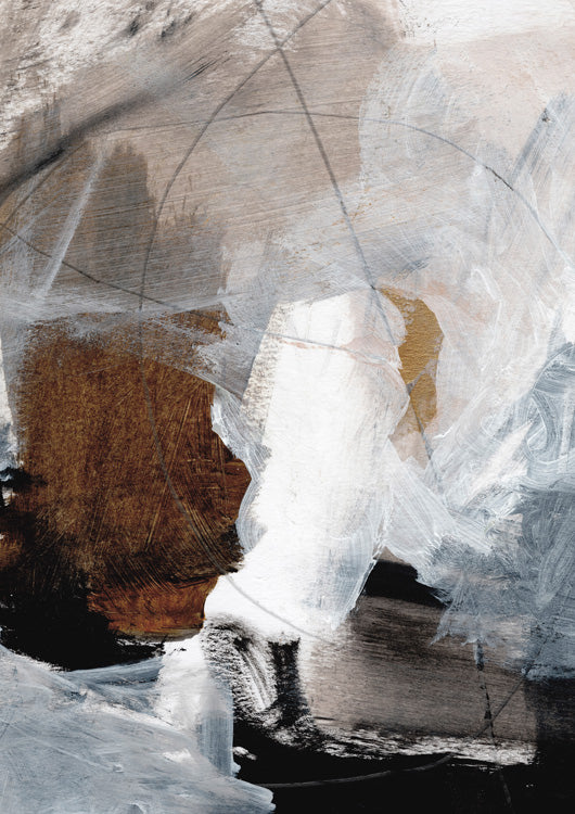 Abstract painting with grey, white and rust brushstrokes and faint geometric line overlay