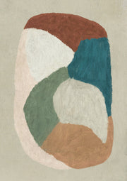 Abstract painting of rounded color-block shapes in rust, teal, green and terracotta tones