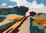 Stylised painting of a road through ochre hills with dark trees and a pale sky