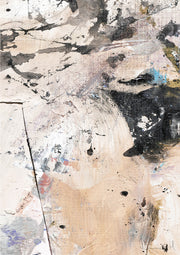 Abstract painting with black drips and splatters over a textured sand and cream background