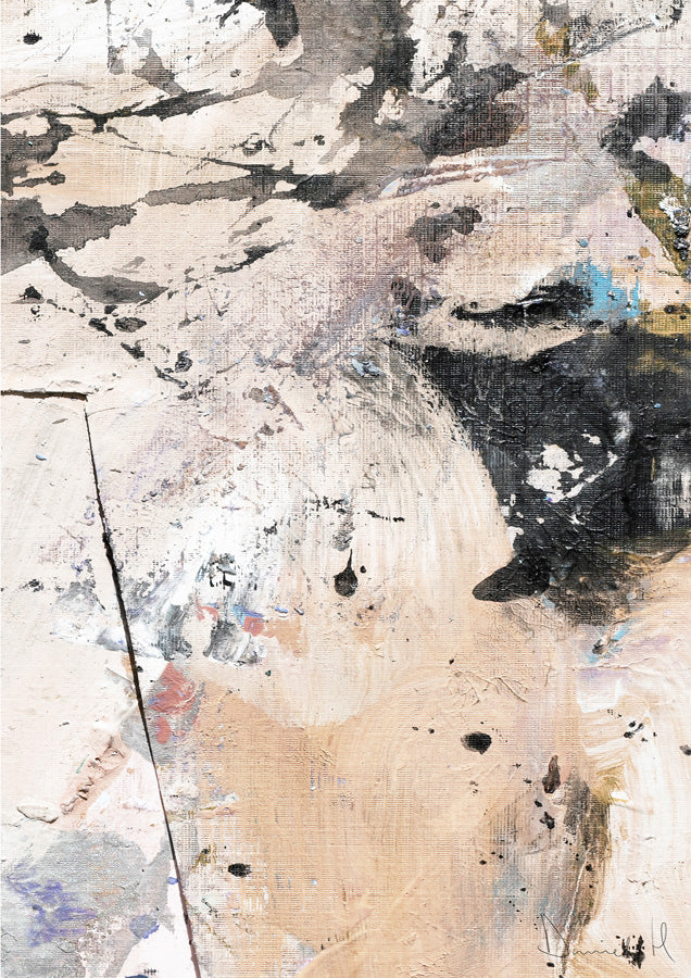 Abstract painting with black drips and splatters over a textured sand and cream background