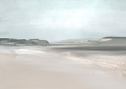Muted coastal landscape painting with pale sand, soft cliffs and hazy blue-grey sky