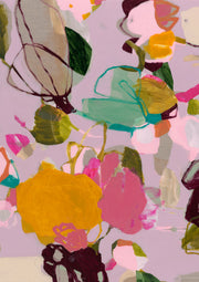 Abstract floral painting in lilac, pink, marigold and teal with loose painterly brushstrokes.