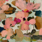 Abstract floral painting with pink and coral petals against sage green and umber background.