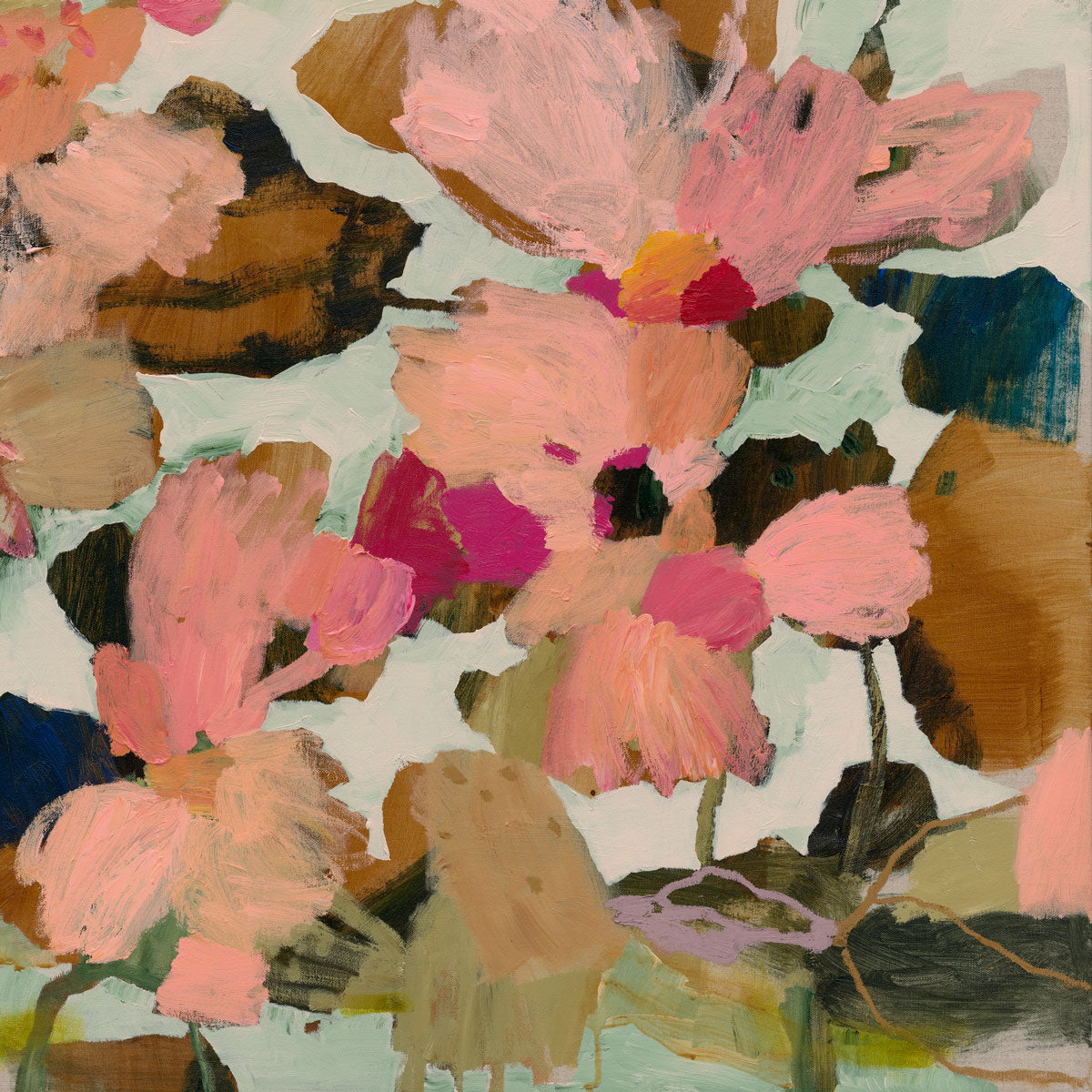Abstract floral painting with pink and coral petals against sage green and umber background.