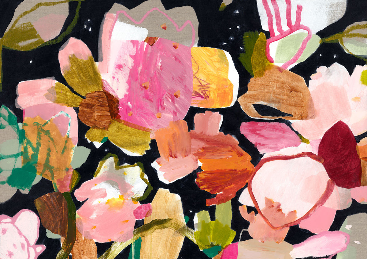 Abstract floral painting with pink, coral and mustard shapes on a black background