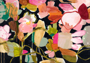Abstract floral painting with pink, coral and orange blooms on a black background