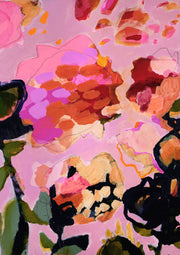 Abstract floral painting in pink, magenta and orange tones with dark navy shapes and pencil outlines