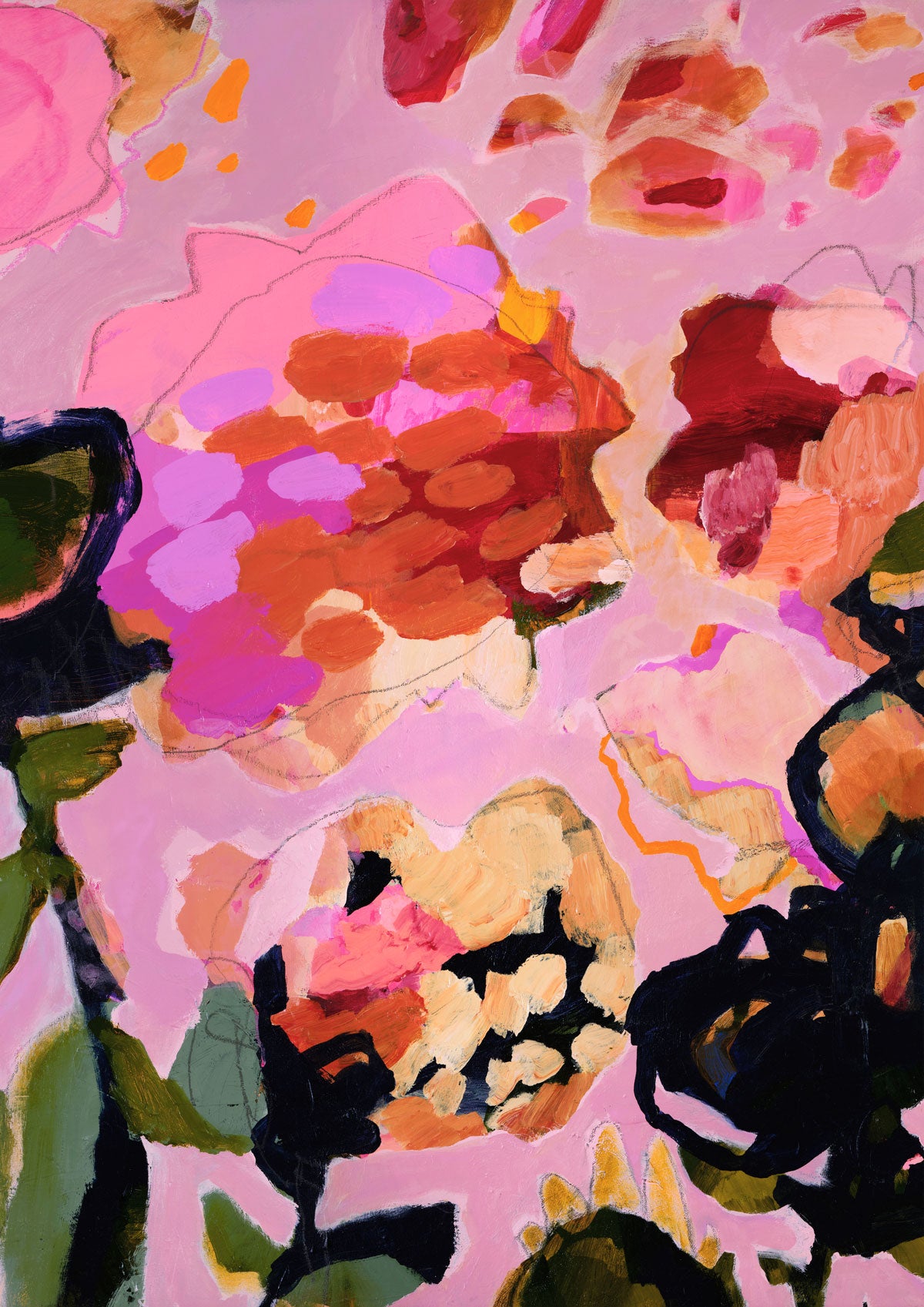 Abstract floral painting in pink, magenta and orange tones with dark navy shapes and pencil outlines