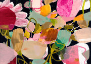 Abstract floral painting with pink, magenta and mustard petal shapes on a dark navy background