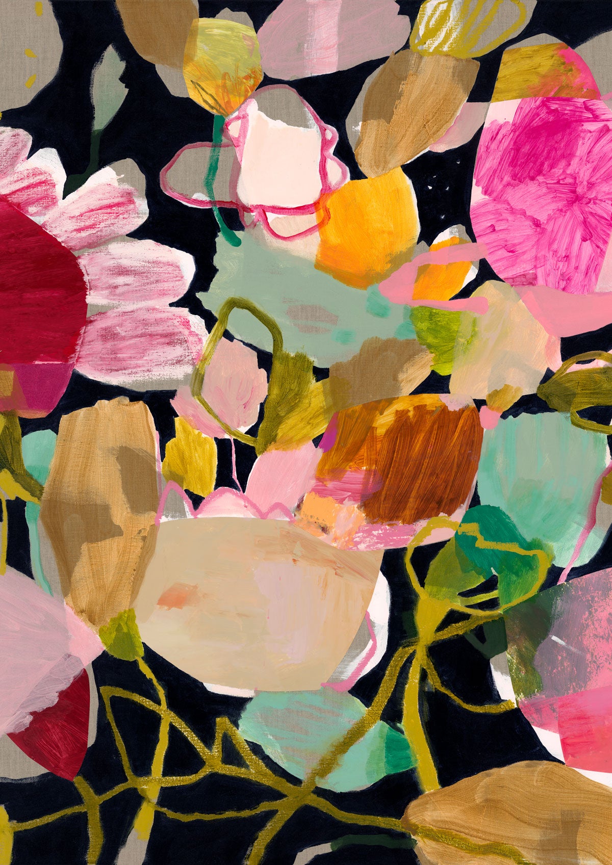 Abstract floral painting with pink, mustard and sage shapes on a black background.