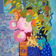 Abstract painting of pink peonies and yellow flowers in a blue patterned vase