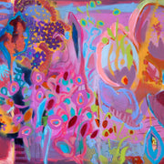 Abstract floral painting in bright pink, purple, orange and blue tones