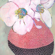 Pink orchid blossoms above a red and black dotted patterned vessel on sage background.