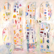 Abstract painting of vertical oval forms filled with colourful mosaic fragments on a pale pink background