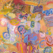 Abstract painting with organic floral shapes in coral, lavender and blue tones
