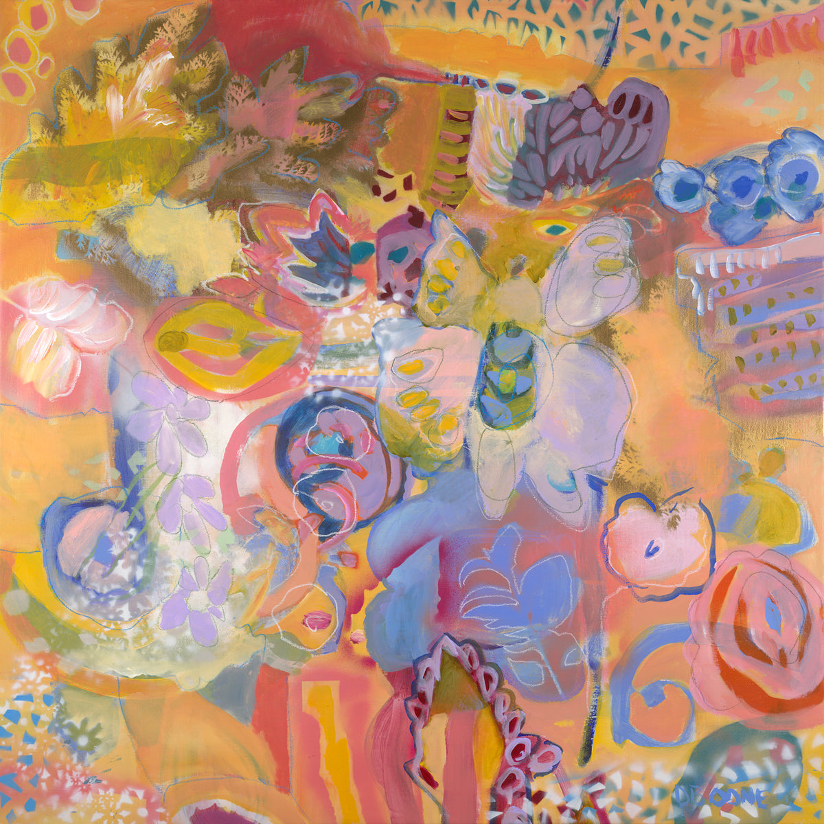 Abstract painting with organic floral shapes in coral, lavender and blue tones