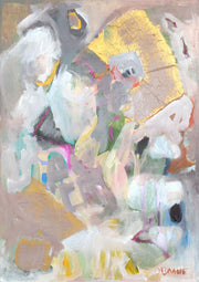 Abstract painting with soft grey and pastel tones, gold leaf accents and loose brushwork