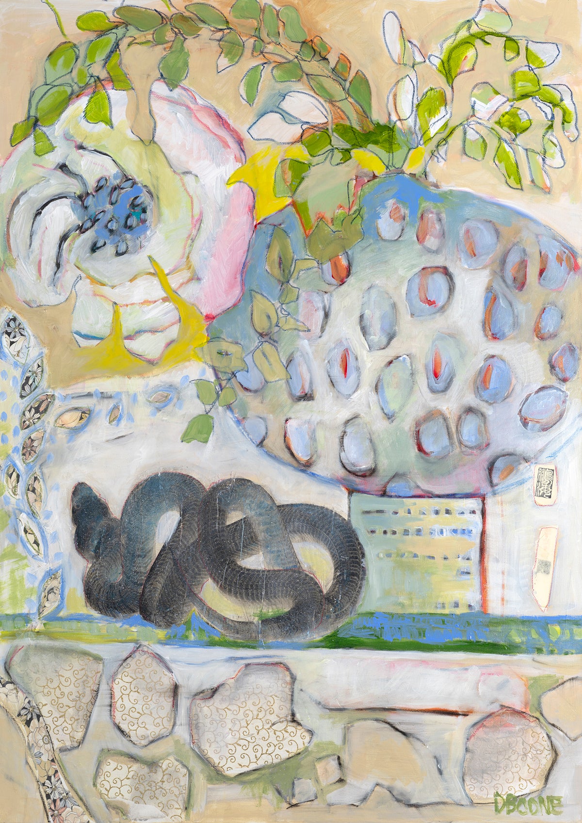 Abstract still life painting of a coiled snake with foliage and patterned shells in pastel tones