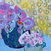 Abstract floral still life with pink roses in a striped vase against a yellow polka dot background