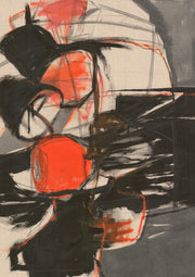 Abstract painting with black gestural lines, orange circular forms and grey background