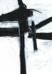 Abstract black and white painting with bold diagonal brushstrokes and fine linear marks