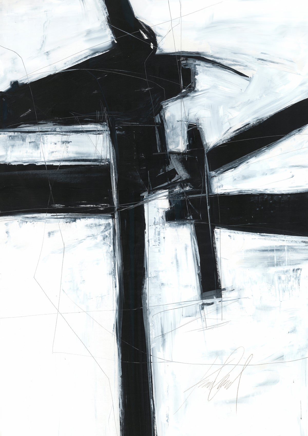Abstract black and white painting with bold diagonal brushstrokes and fine linear marks