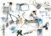Abstract mixed-media artwork with black line drawings and sparse colour on a white background