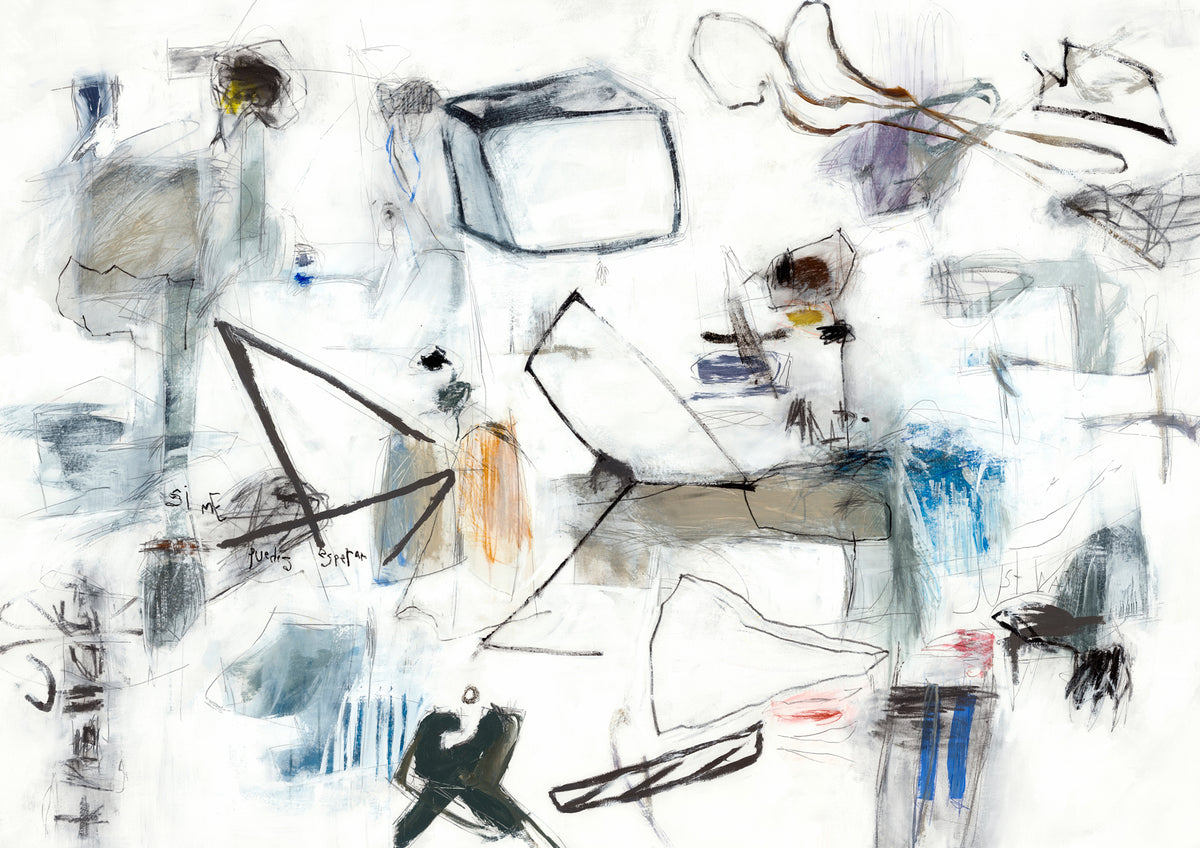 Abstract mixed-media artwork with black line drawings and sparse colour on a white background