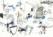 Abstract line drawing artwork with scrawled text and muted colour accents on white background