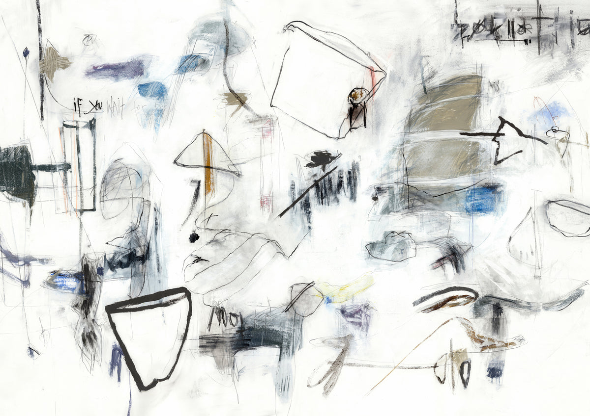 Abstract line drawing artwork with scrawled text and muted colour accents on white background