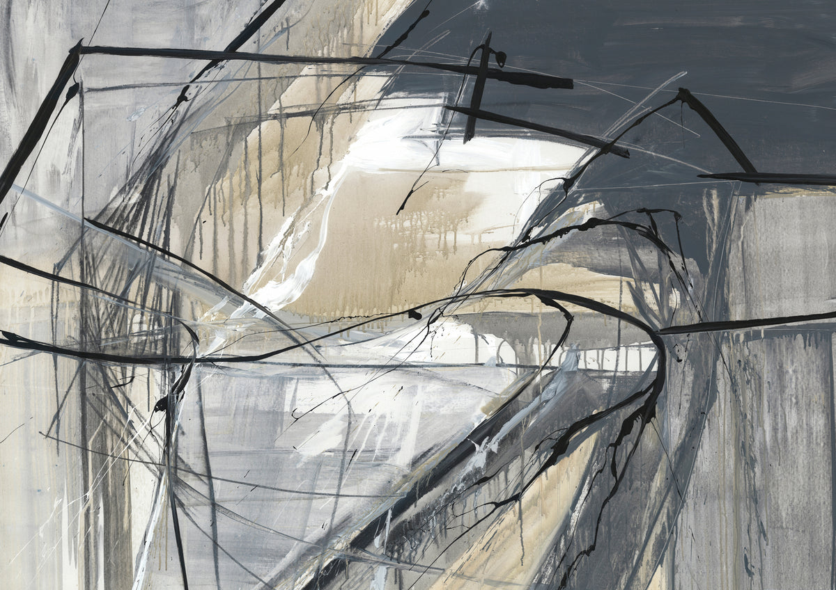 Abstract painting with black linear marks, drips and neutral grey, beige and white tones.